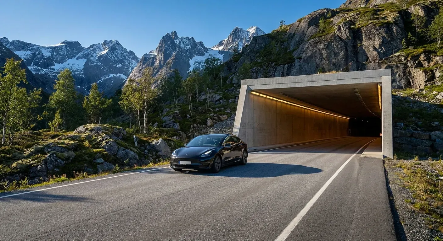 En bil som kjører inn i en moderne, godt opplyst tunnelåpning i et norsk fjellandskap