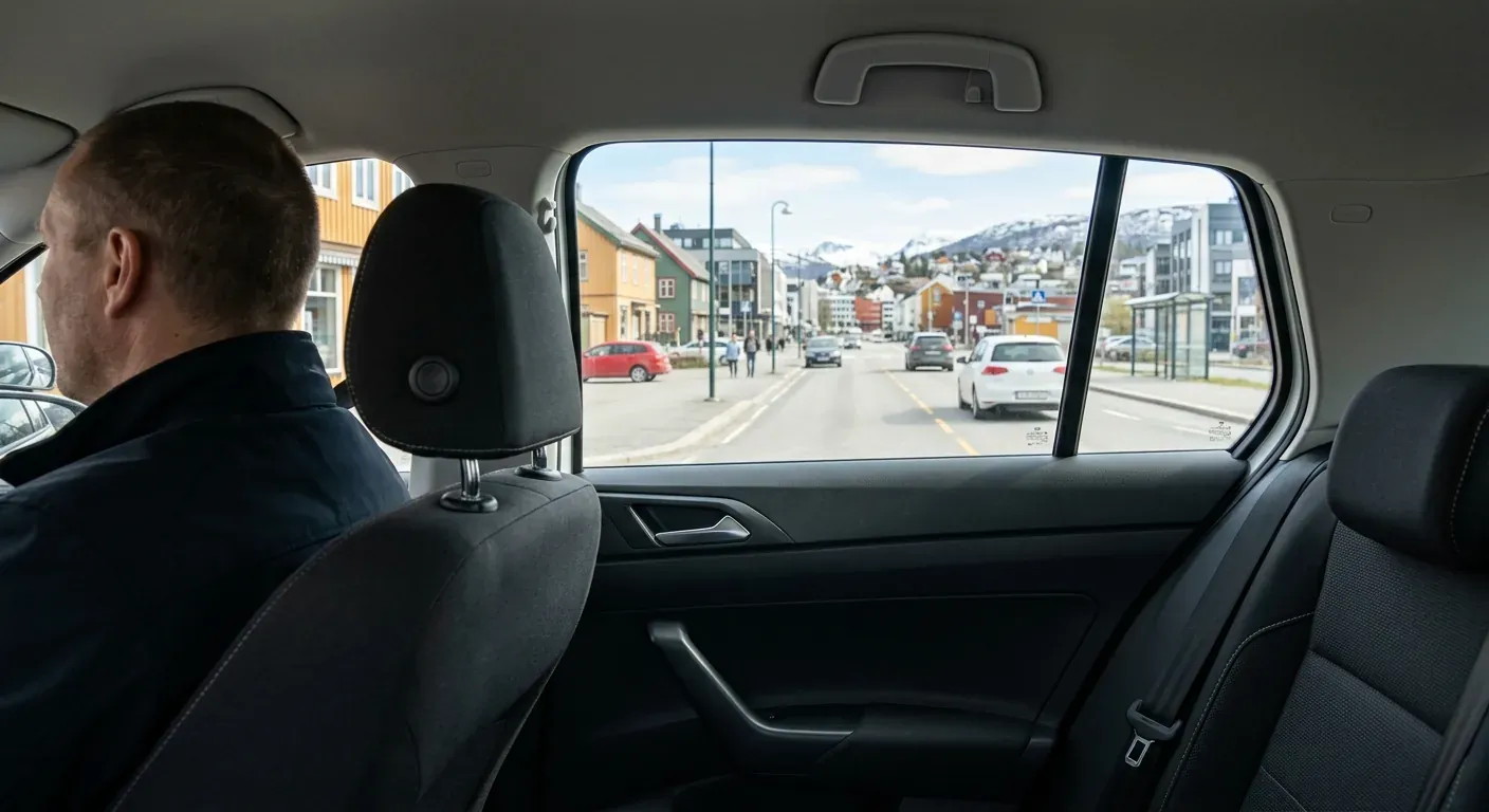 A view from inside a car looking past the driver's shoulder out the rear passenger window on a clear day