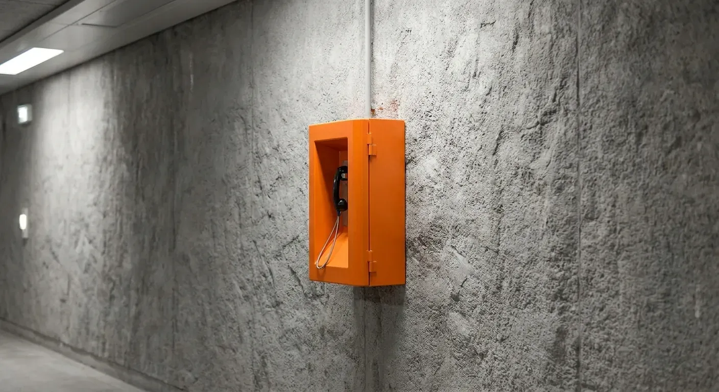 En oransje SOS-nødtelefon montert på en grå betongvegg inne i en tunnel