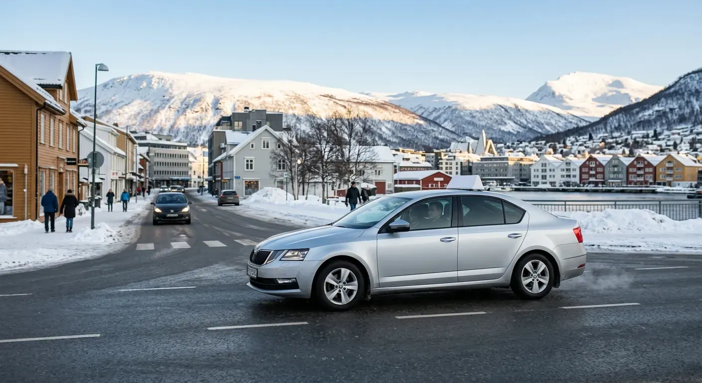 A clean modern driving school car navigating a well-marked city street in Tromsø during a clear winter afternoon