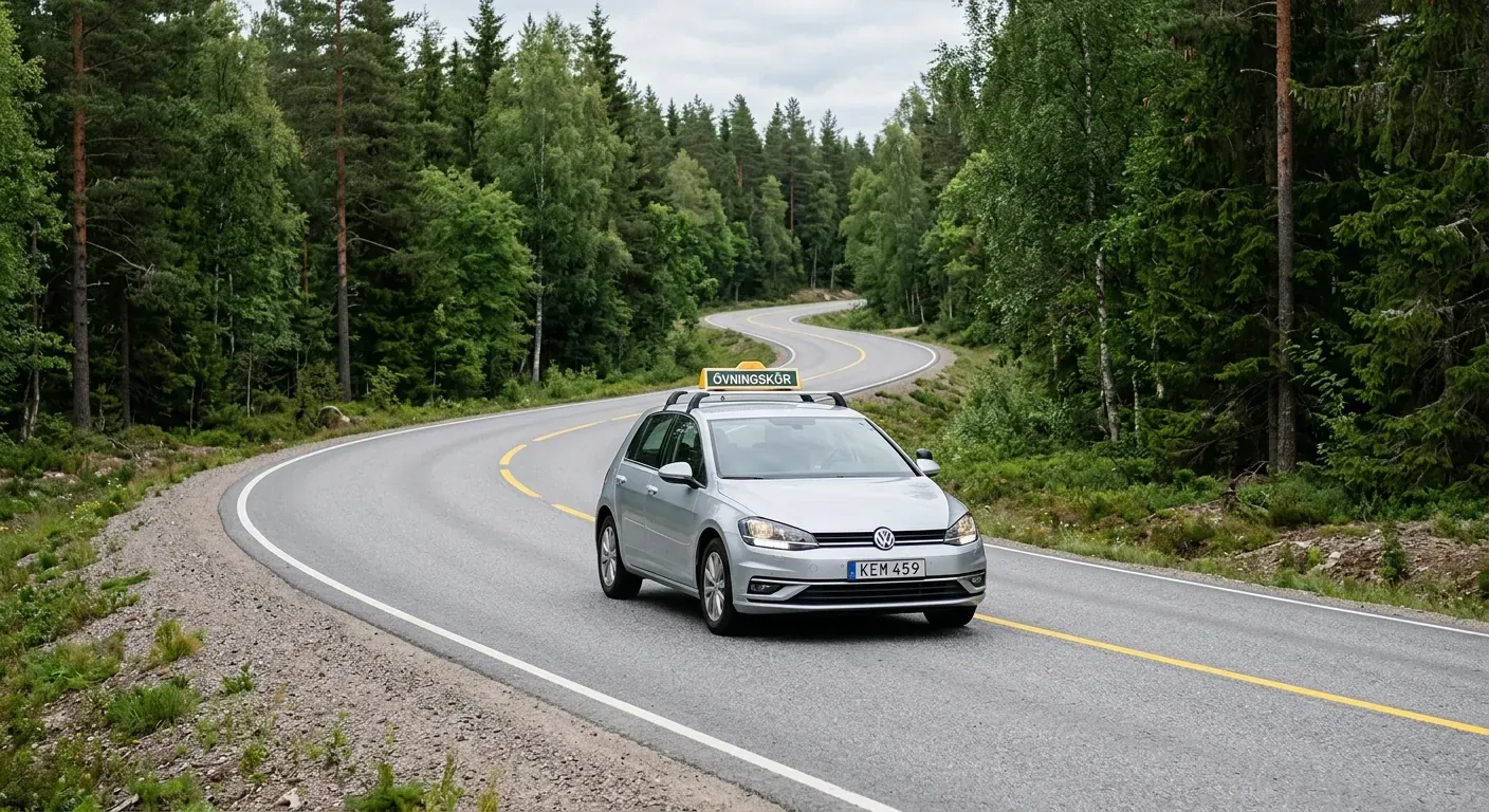 En moderne undervisningsbil som navigerer gjennom en slak kurve på en tørr, oversiktlig tofeltsvei omkranset av skog, med tydelig markert gul midtlinje og god siktlinje
