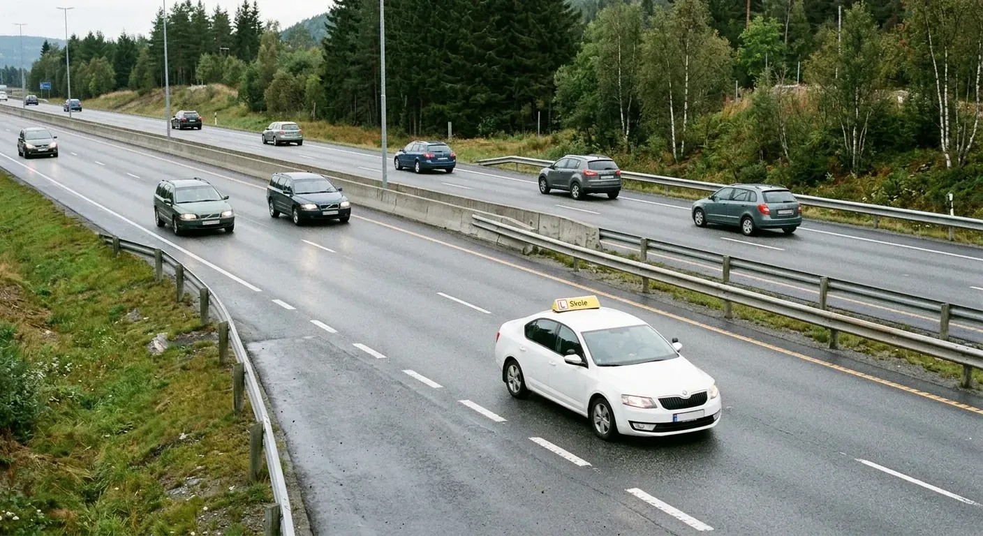 En moderne undervisningsbil som akselererer kontrollert og rolig i et oversiktlig påkjøringsfelt på en firefeltsvei i dagslys