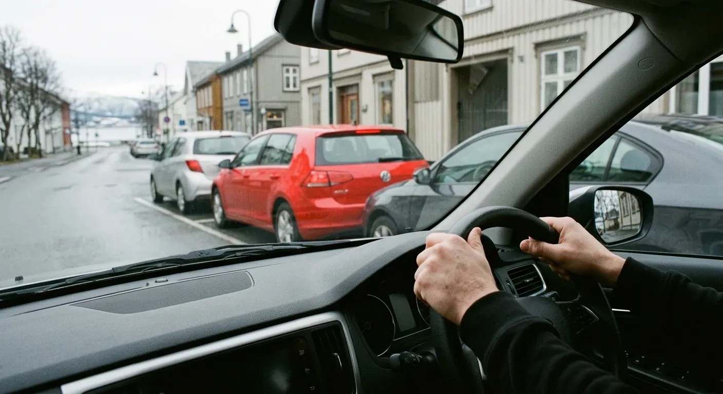 En moderne rød personbil som rygger perfekt inn i en lukeparkering mellom to andre biler i en ryddig bygate