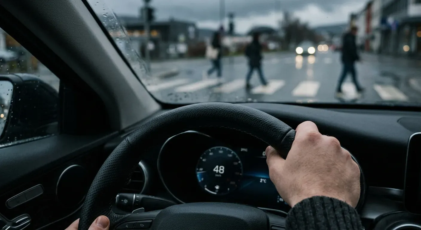 A modern driver's perspective from inside a car, looking through a clean windshield at a clearly marked pedestrian crossing on a wet city street at dusk