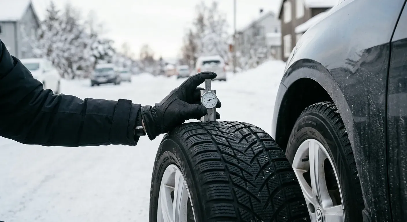 En person måler mønsterdybden på et bilhjul med en dybdemåler i kaldt vinterlys