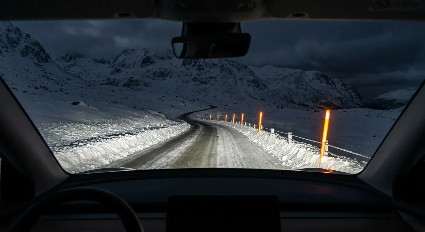 Nærbilde av en bil som kjører på en mørk landevei om vinteren, der fjernlysene lyser opp snødekte brøytekanter og reflekterende brøytestikker langs veien