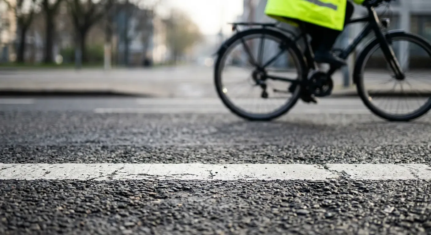 A cyclist wearing a high-visibility jacket riding in a designated bike lane next to a clean city road with clear lane markings