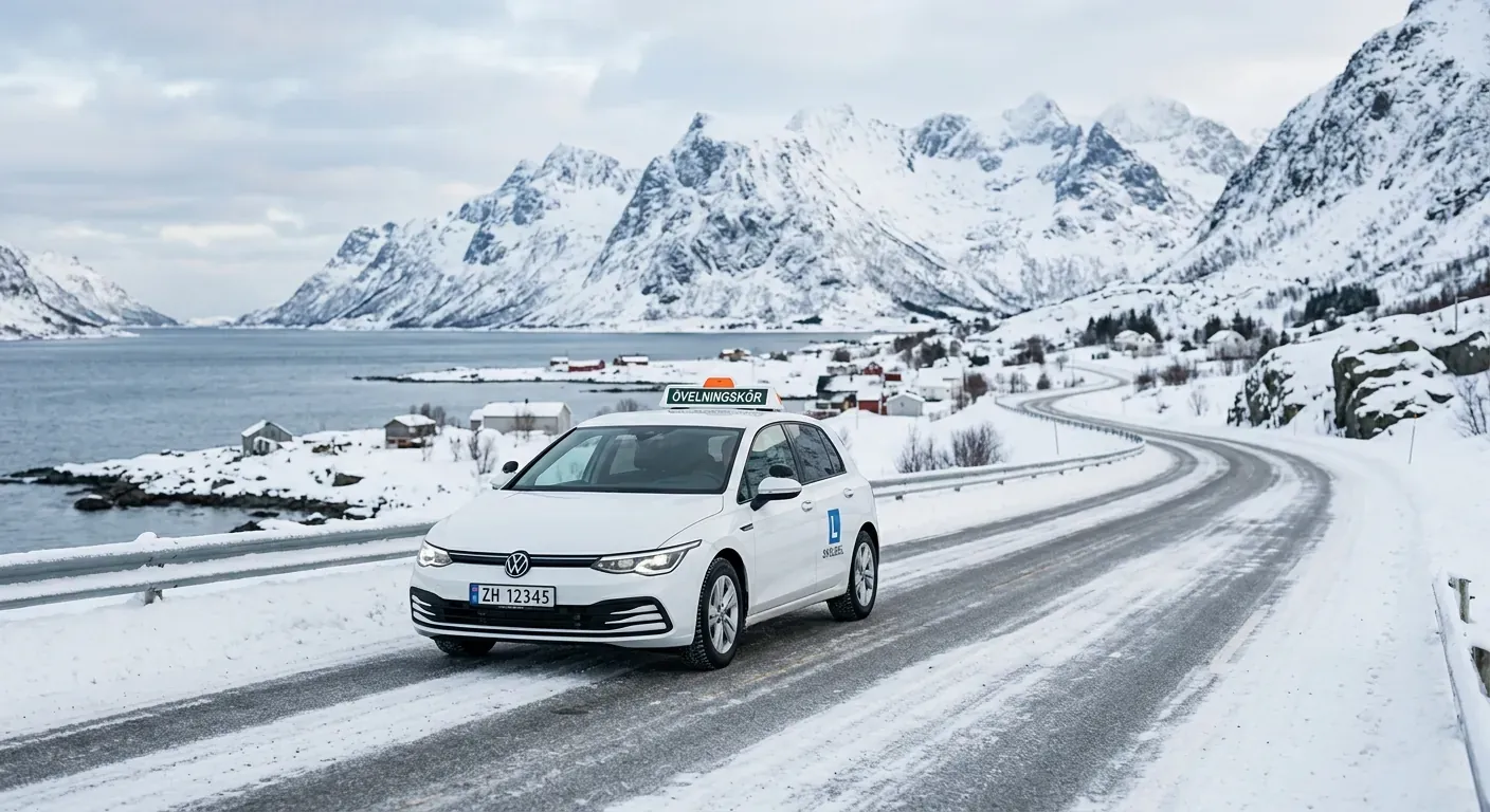 En ren, moderne hvit skolebil kjører forsiktig på en snødekt vei i Tromsø med fjell i bakgrunnen