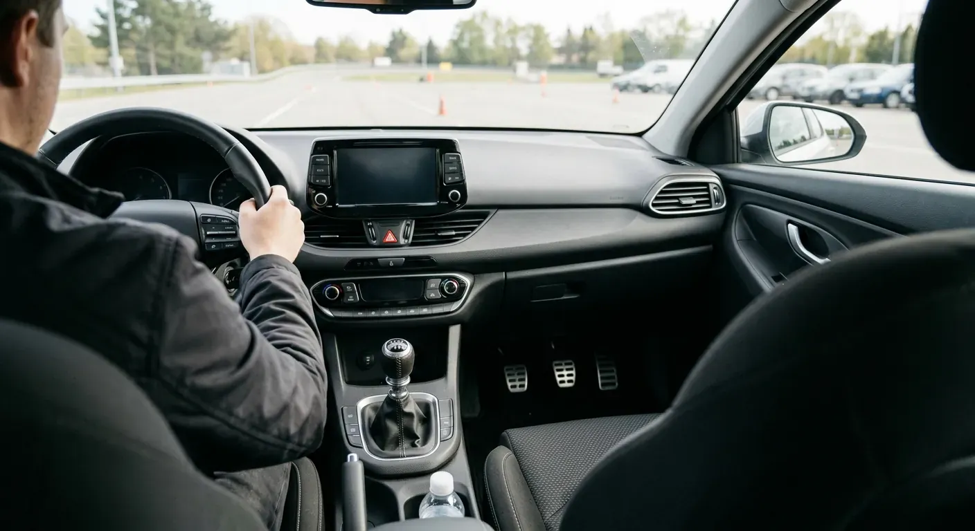En moderne undervisningsbil parkert på en opplyst øvingsbane i skumringen, med frontlyktene rettet mot en mørk bakgrunn for å demonstrere siktforhold