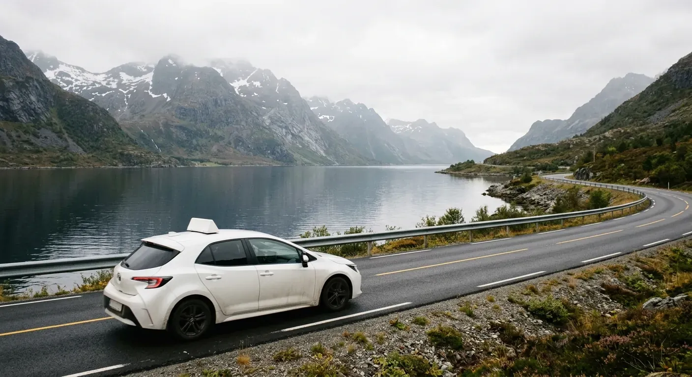 A modern instructional car driving along a scenic road next to a calm fjord under a soft, overcast sky, with mountains visible in the distance