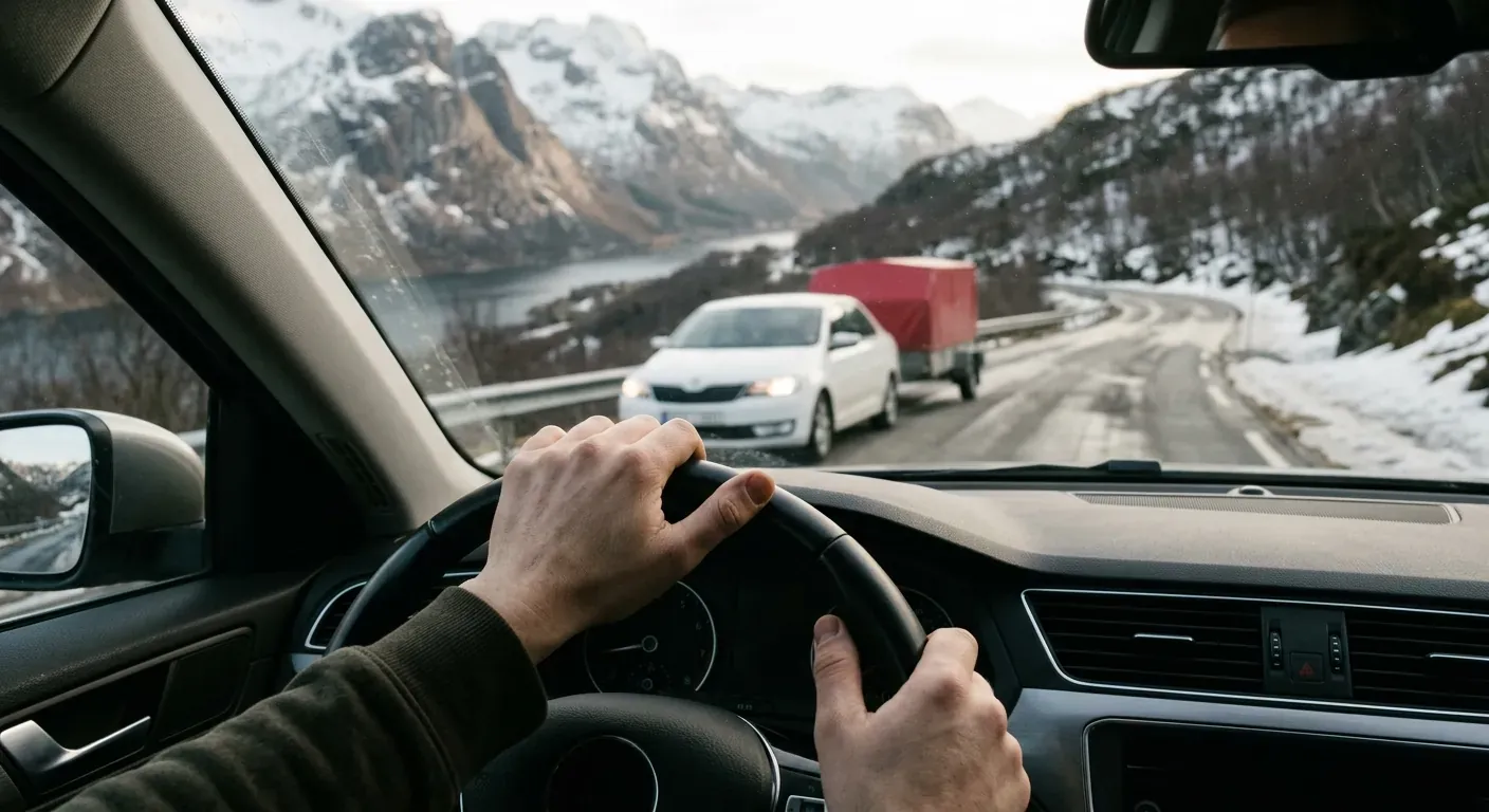 En hvit skolebil med en rød tilhenger som forsiktig navigerer en bratt, svingete vei med snødekte fjell i bakgrunnen under typisk nordnorsk dagslys