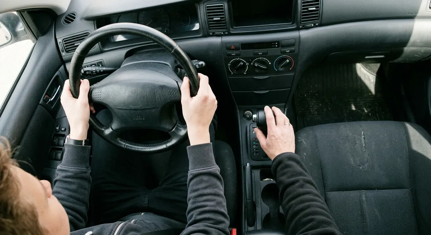 En ung sjåfør som sitter konsentrert bak rattet i en bil, mens en erfaren kjørelærer gir rolig veiledning fra passasjersetet