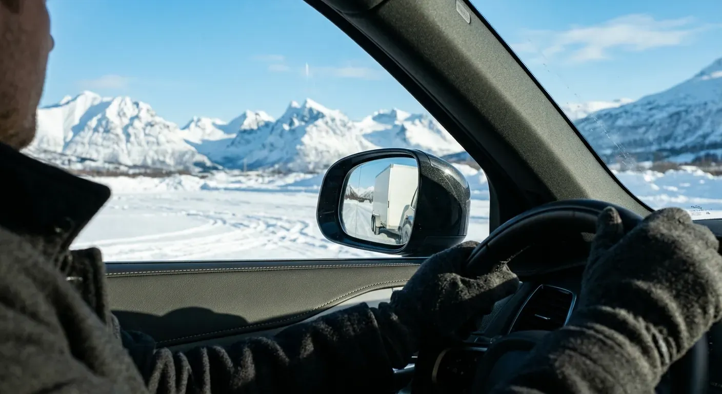 En moderne SUV med en stor, lukket tilhenger parkert på en snødekket oppstillingsplass i Tromsø, med alpine fjell i bakgrunnen under et klart vinterlys.