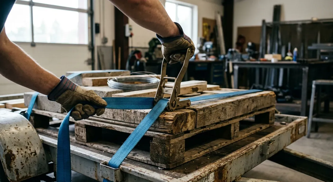 En detaljert nærbilde av en person som strammer en blå jekkestropp rundt en pall med byggematerialer på en åpen tilhenger, med hansker på hendene.